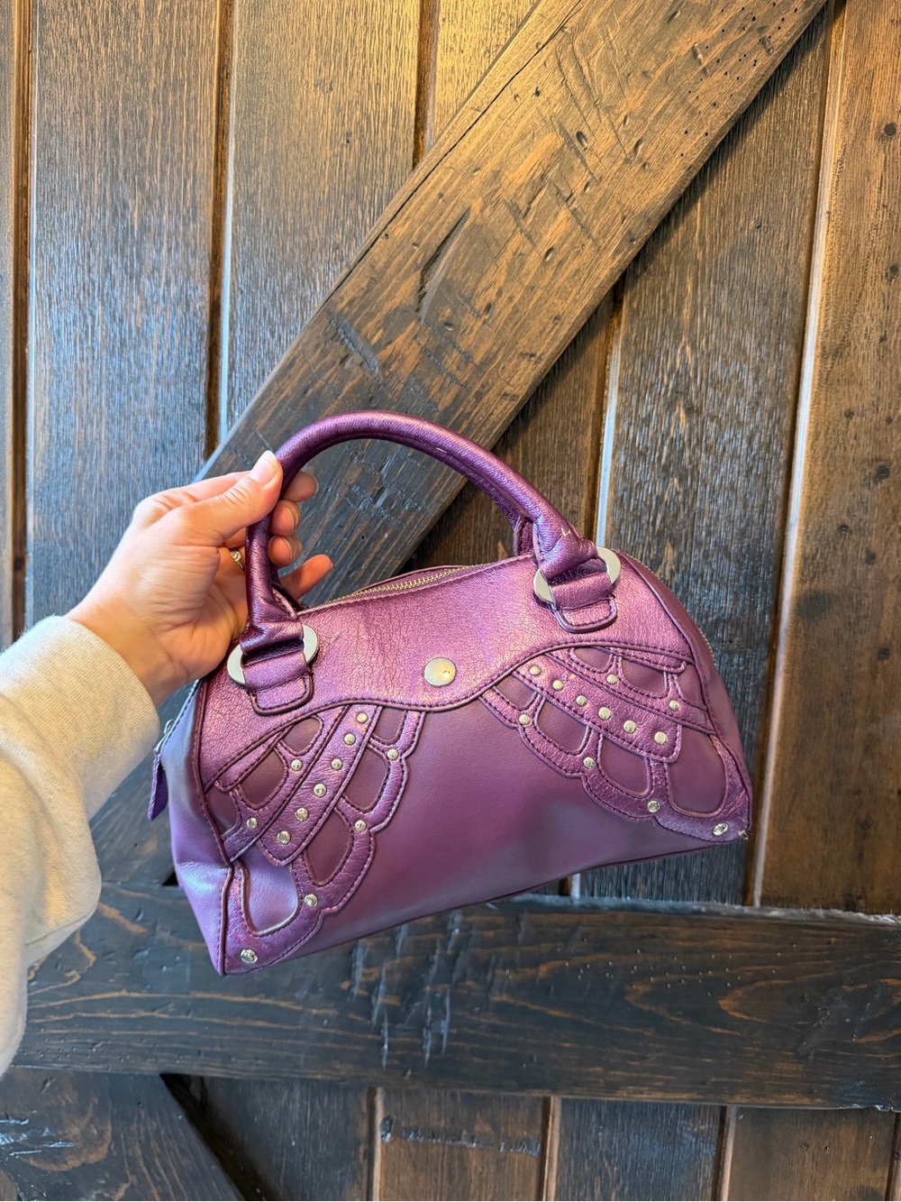 Y2K BCBG Paris Purple Butterfly Studded Mini Bowler Shoulder Handbag Metallic